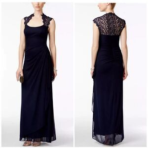 Xscape Stand-Collar Illusion Back Navy Blue Formal Gown Size 16W Ruched Lace NEW